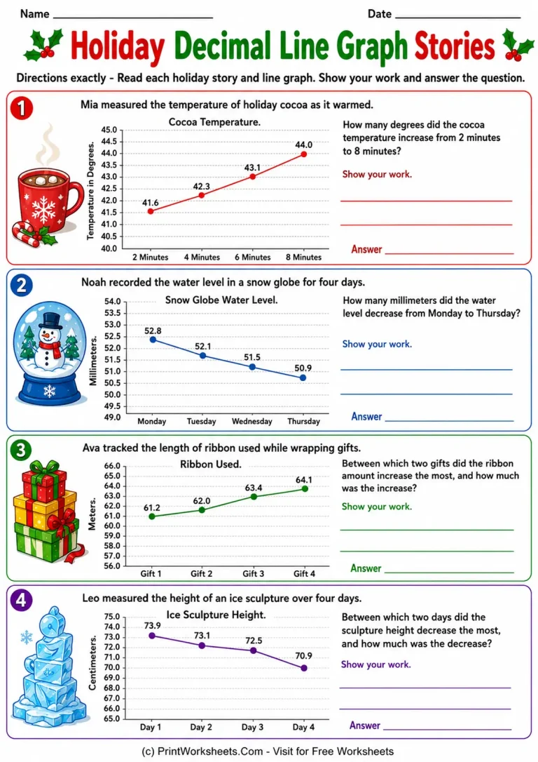 Holiday Decimal Line Graph Stories Holiday Decimal Line Graph Stories printable worksheet