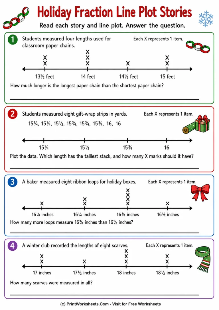 Holiday Fraction Line Plot Stories Holiday Fraction Line Plot Stories printable worksheet