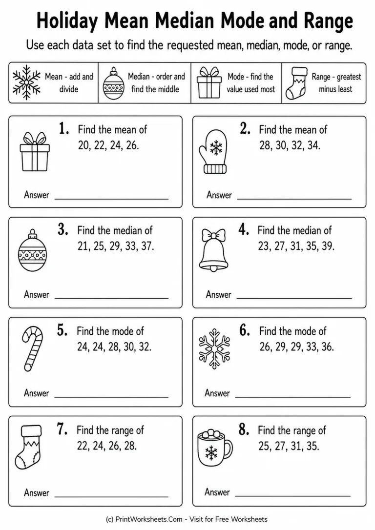 Holiday Mean Median Mode and Range Holiday Mean Median Mode and Range printable worksheet