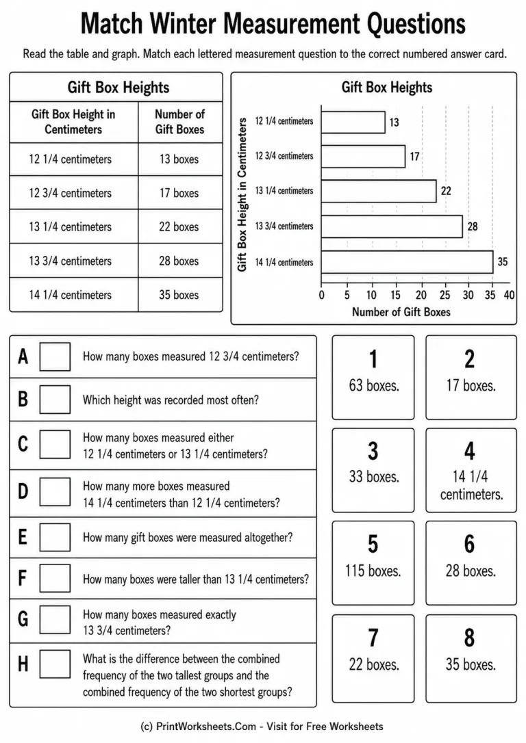Match Winter Measurement Questions printable worksheet