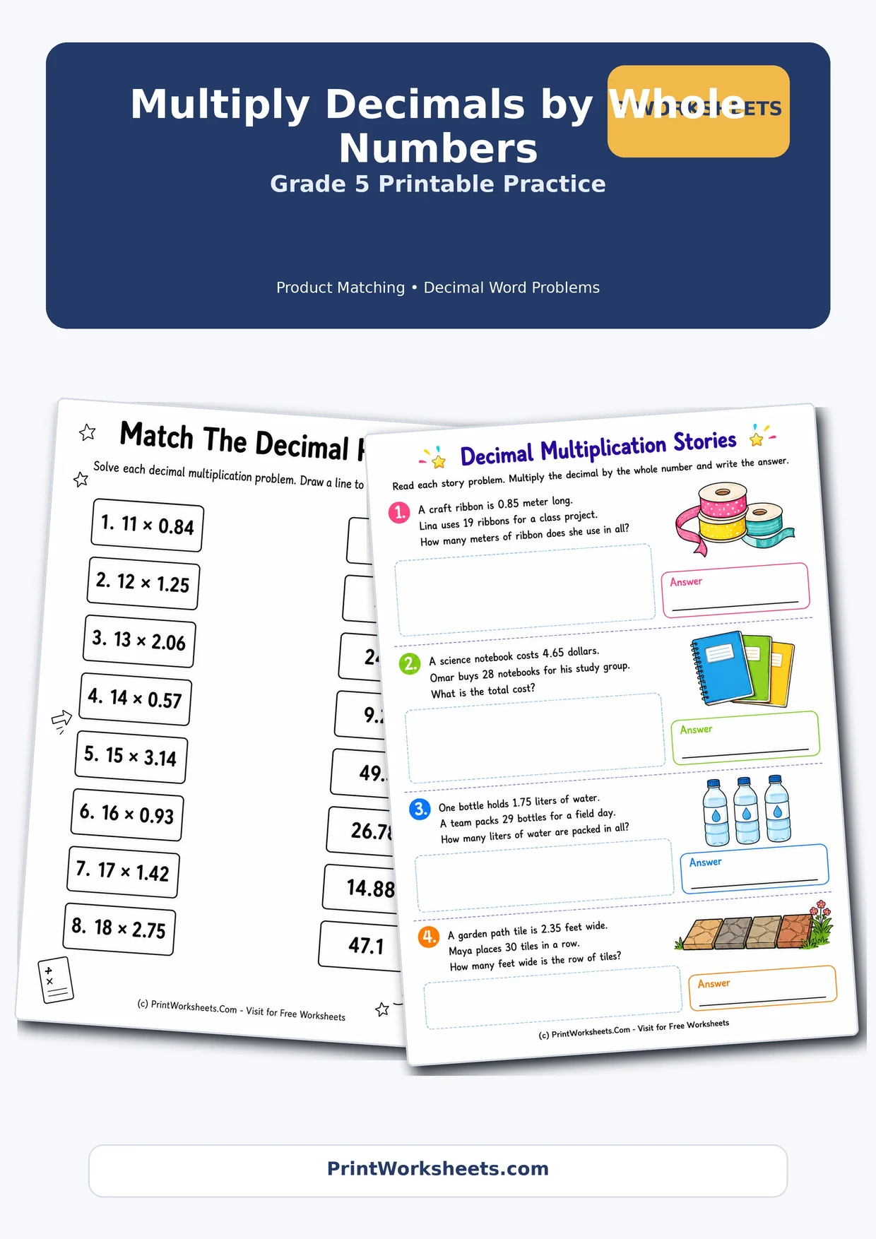 Decimals Worksheets Worksheet - Multiply Decimals by Whole Numbers Worksheets for Grade 5 | Free Printable