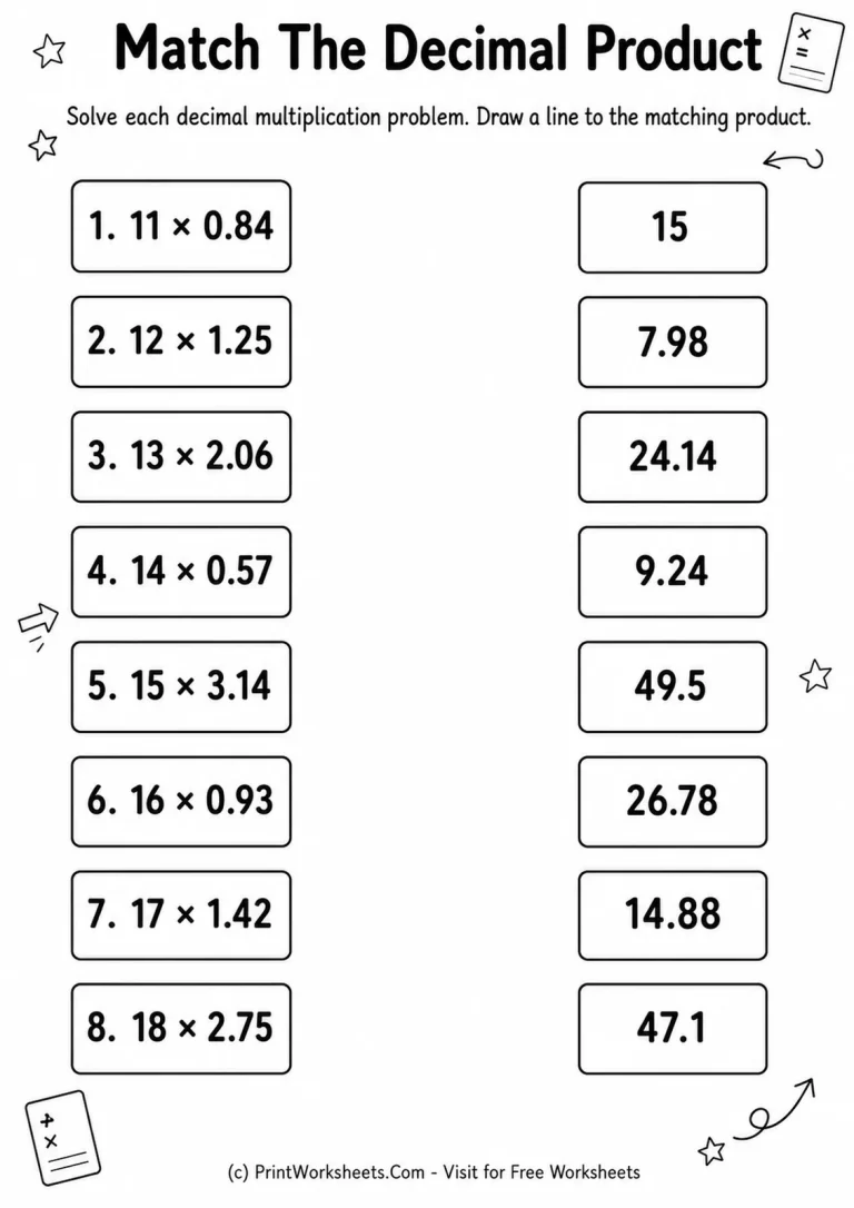 Match the Decimal Product Worksheet Grade 5 decimal multiplication product matching worksheet