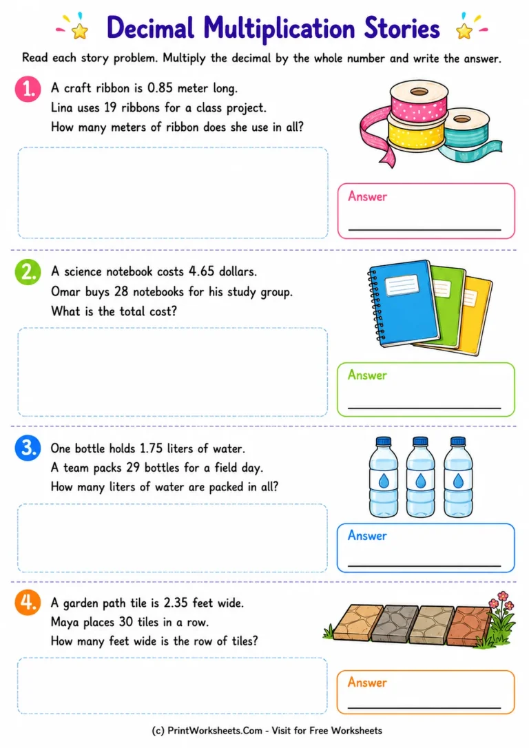 Decimal Multiplication Stories Worksheet Grade 5 decimal multiplication word problems worksheet