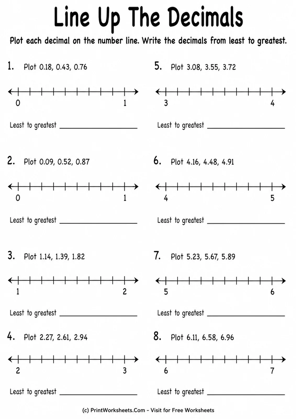 Decimals Worksheets Worksheet - Order Decimals on Number Lines Worksheets for Grade 4 | Free Printable