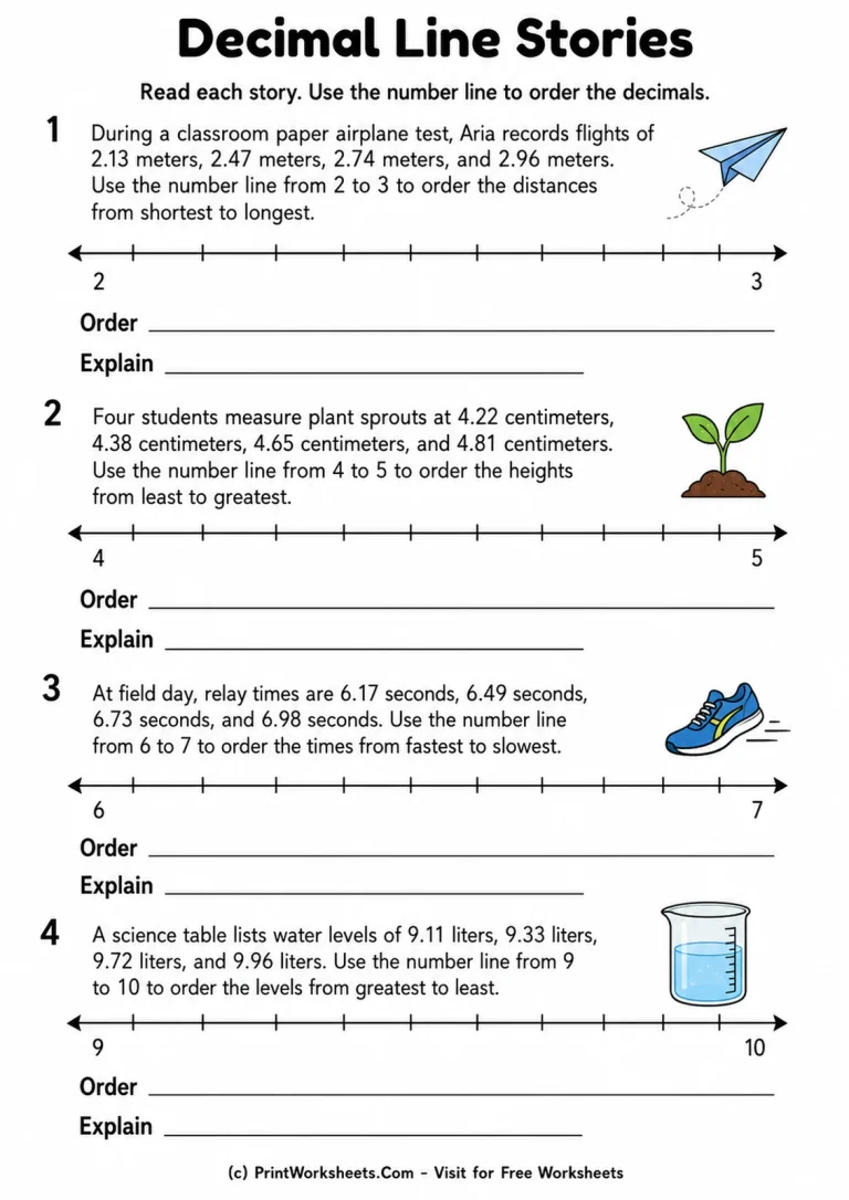 Decimal Line Stories Grade 4 Worksheet Decimal number line story problems for Grade 4