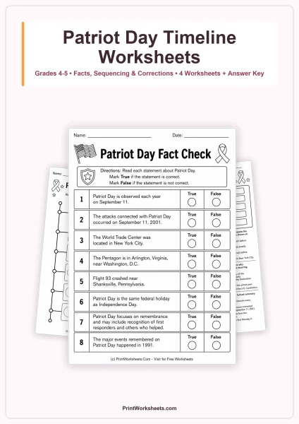 Patriot Day Facts and Timeline Worksheets for Grades 4-5