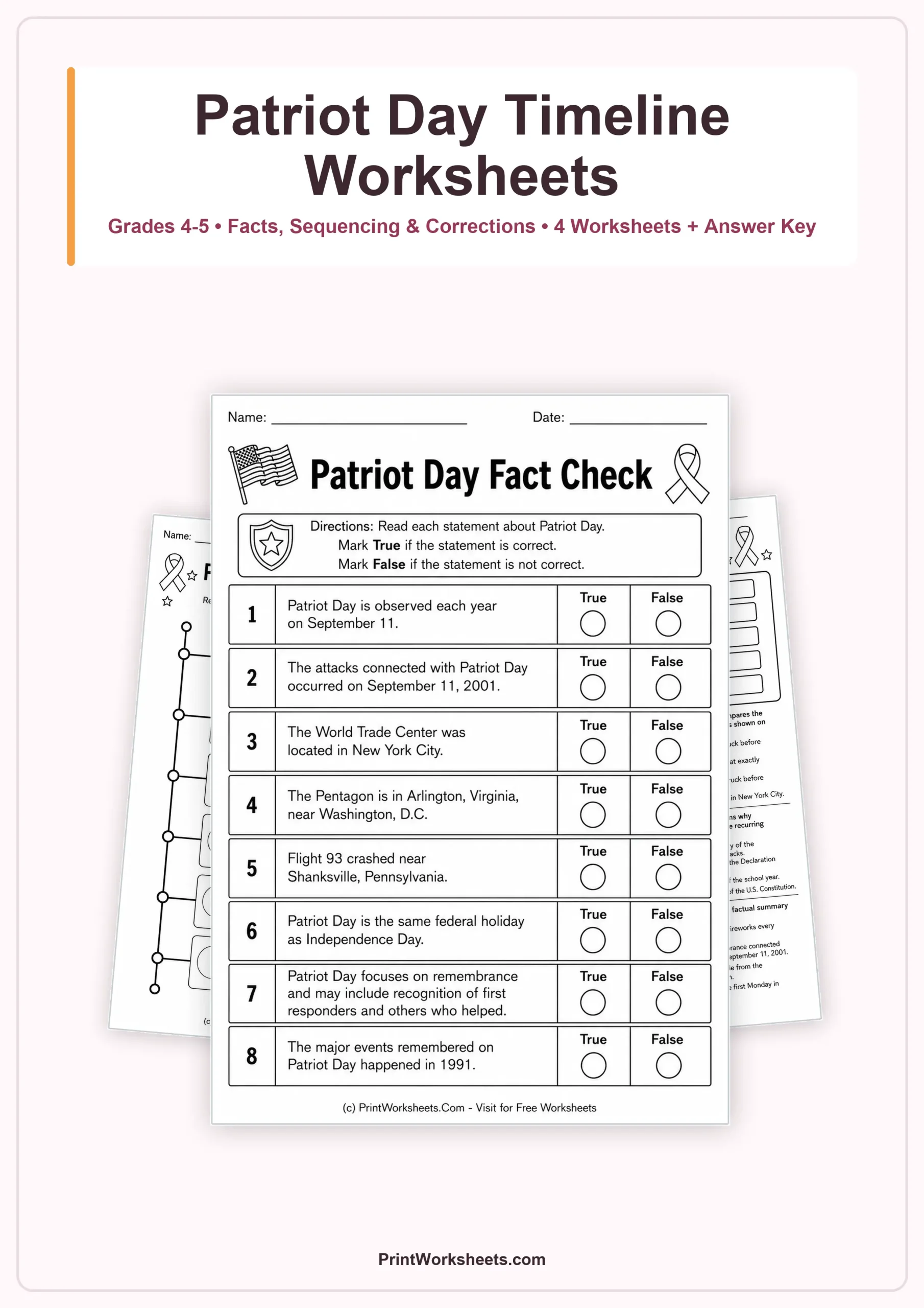 Patriot Day Worksheet - Patriot Day Facts and Timeline Worksheets for Grades 4-5 | Free Printable