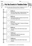 Patriot Day timeline ordering worksheet for Grades 4-5 with six September 11 events and printed times