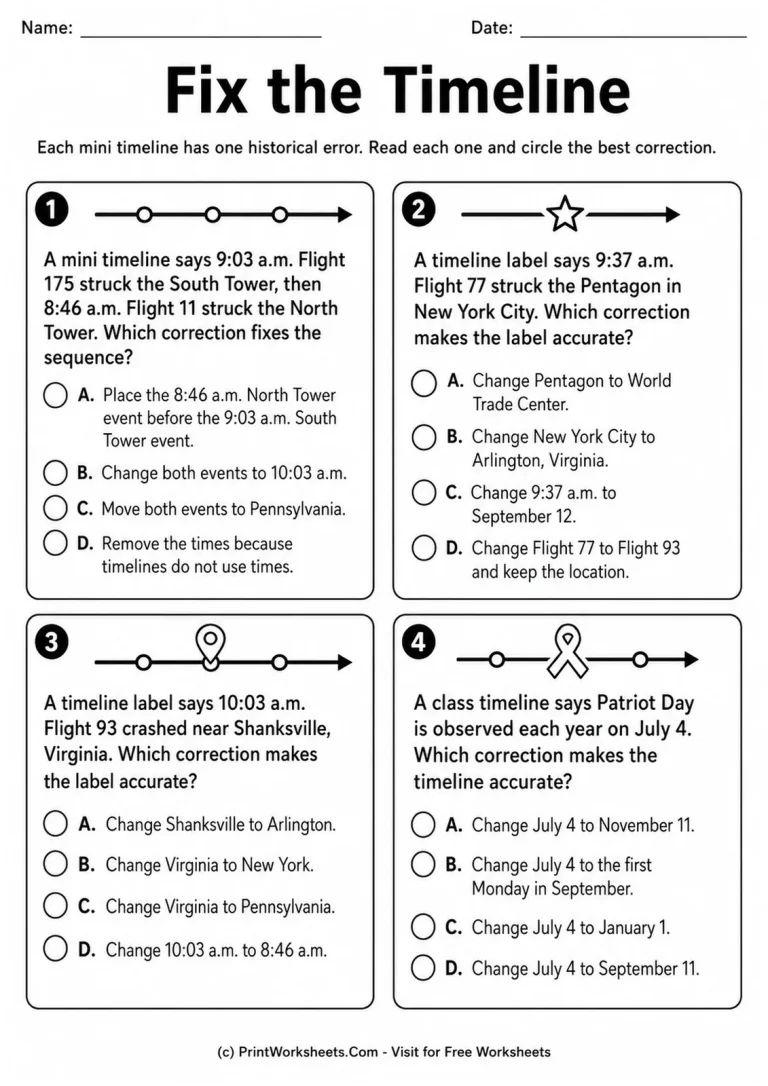 Fix the Timeline Fix the Timeline Patriot Day error correction worksheet for Grades 4-5