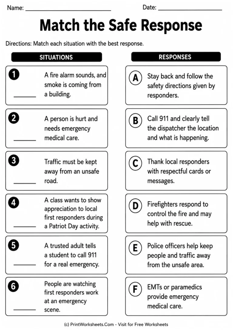 Match the Safe Response Worksheet Match the Safe Response worksheet with first responder, 911, and emergency safety situations