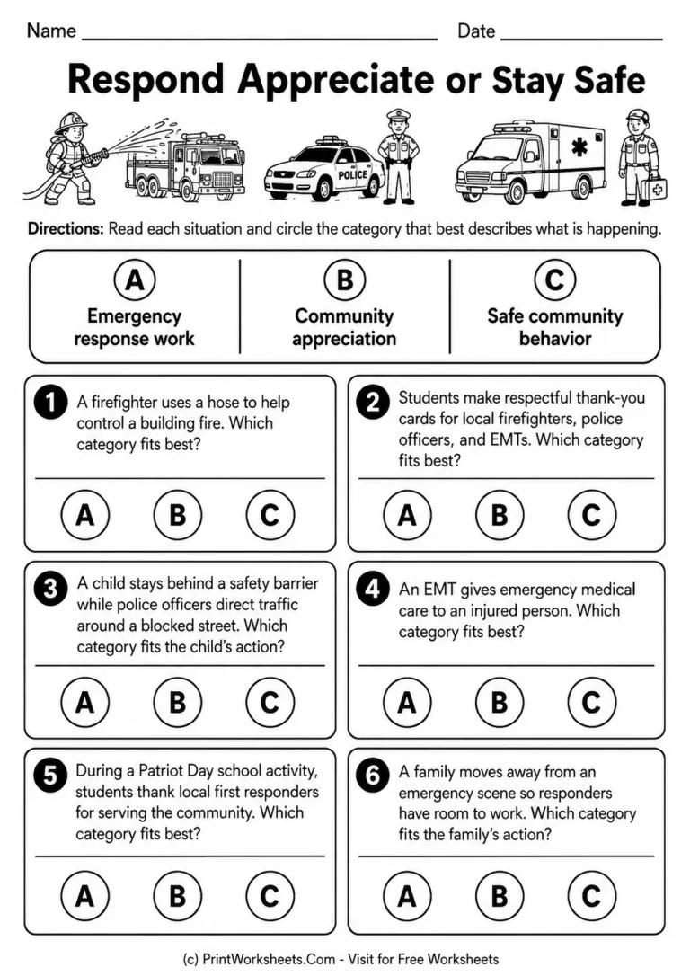 Respond Appreciate or Stay Safe Worksheet Patriot Day worksheet sorting emergency response work, community appreciation, and safe community behavior