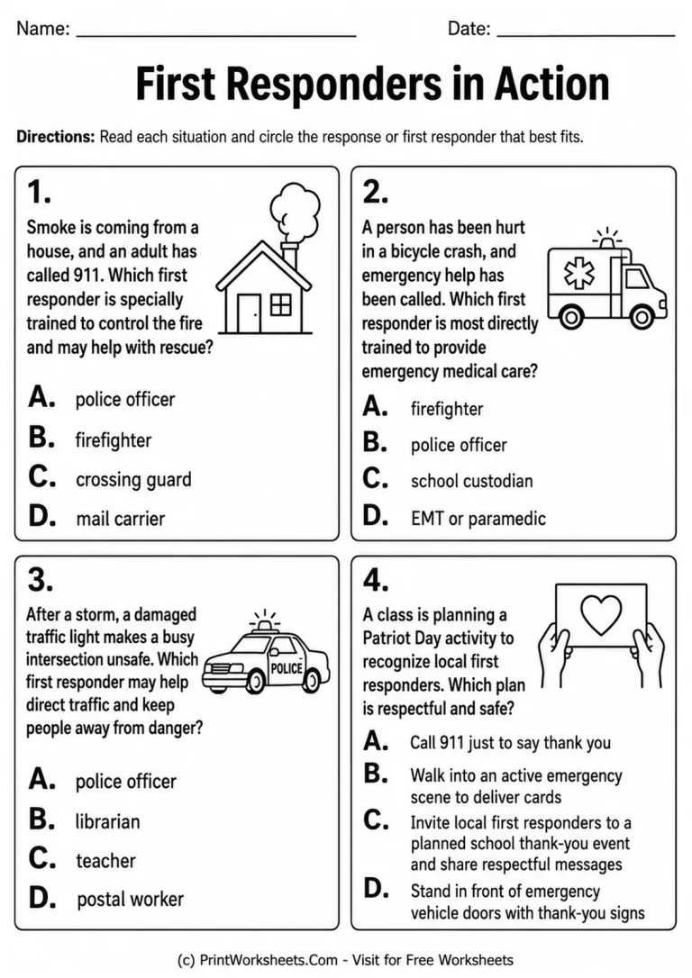 First Responders in Action Worksheet First Responders in Action worksheet with firefighter, ambulance, police, and Patriot Day appreciation scenarios