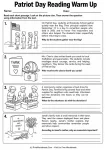Patriot Day reading warm up worksheet with four short passages and picture-supported comprehension questions