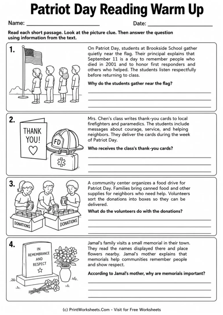 Patriot Day Reading Warm Up Patriot Day reading warm up worksheet with four short passages and picture-supported comprehension questions