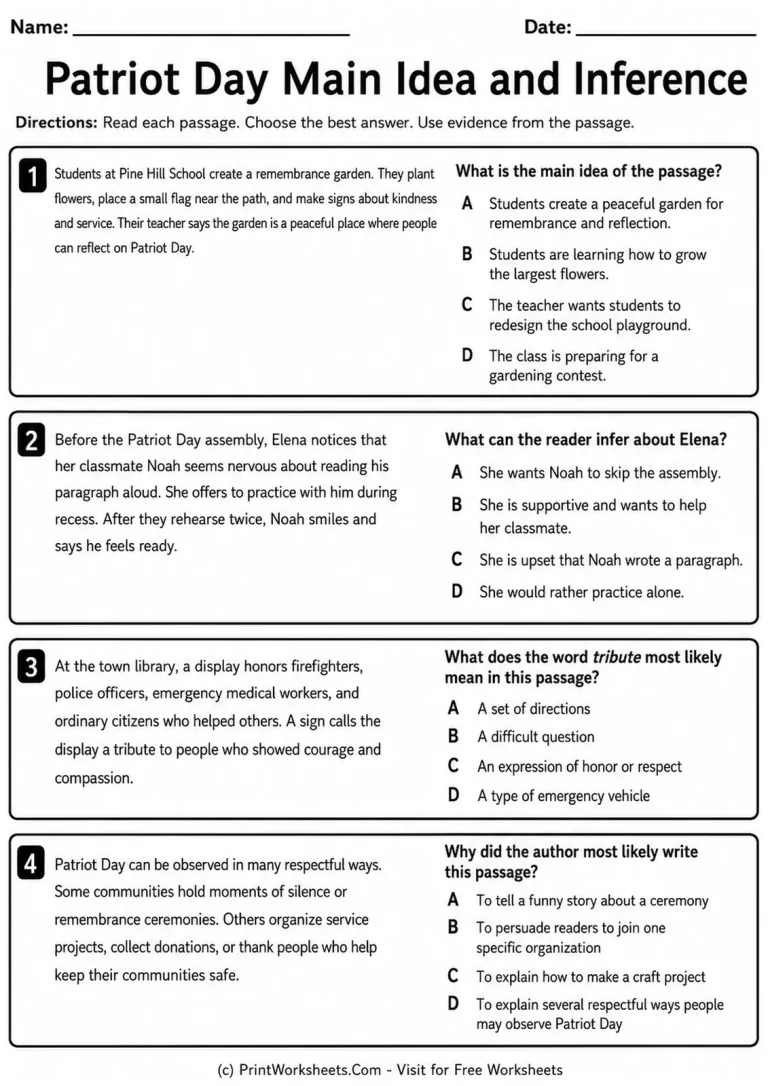 Patriot Day Main Idea and Inference Patriot Day main idea and inference worksheet with four multiple-choice reading passages