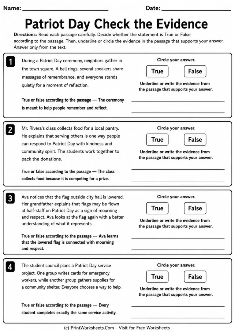 Patriot Day Check the Evidence Patriot Day check the evidence worksheet with True False questions and text evidence response lines