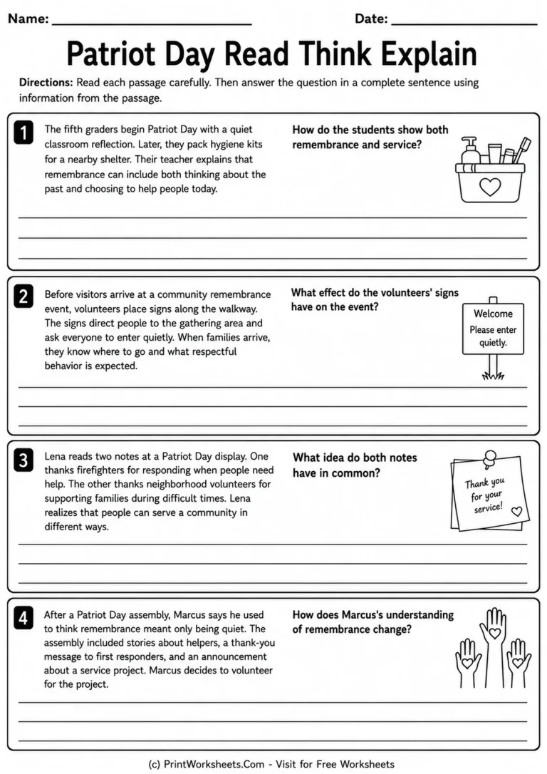 Patriot Day Read Think Explain Patriot Day read think explain worksheet with short passages and written response questions