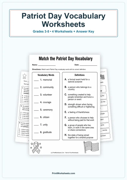 Patriot Day Vocabulary Worksheets for Grades 3-5