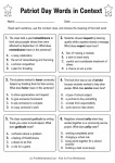 Patriot Day Words in Context worksheet with six multiple-choice vocabulary questions for Grades 3-5