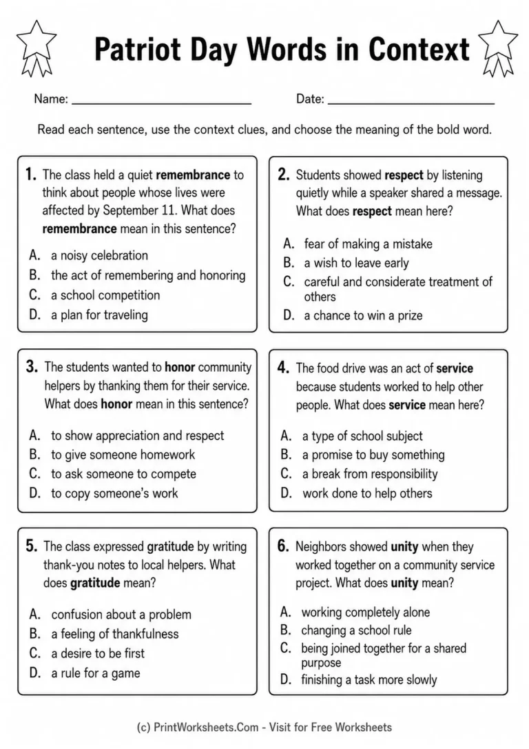 Patriot Day Words in Context Worksheet Patriot Day Words in Context worksheet with six multiple-choice vocabulary questions for Grades 3-5