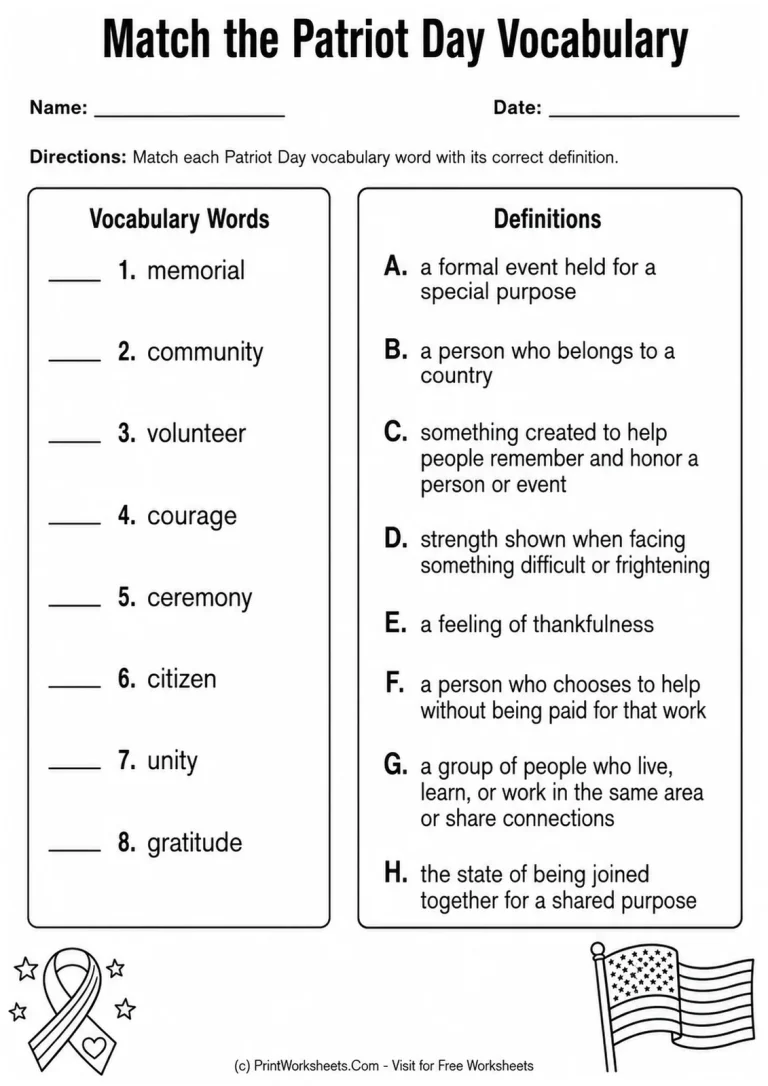 Match the Patriot Day Vocabulary Worksheet Match the Patriot Day Vocabulary worksheet with eight words and definitions for Grades 3-5