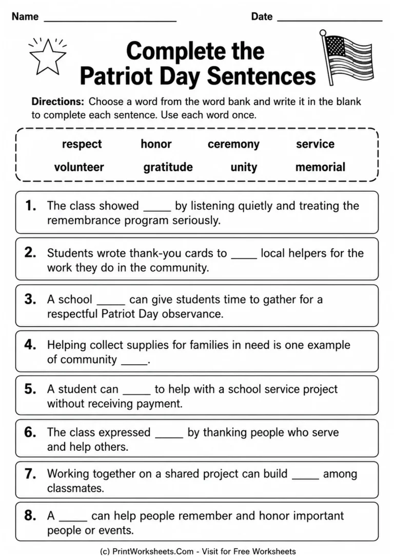 Complete the Patriot Day Sentences Worksheet Complete the Patriot Day Sentences word-bank vocabulary worksheet for Grades 3-5