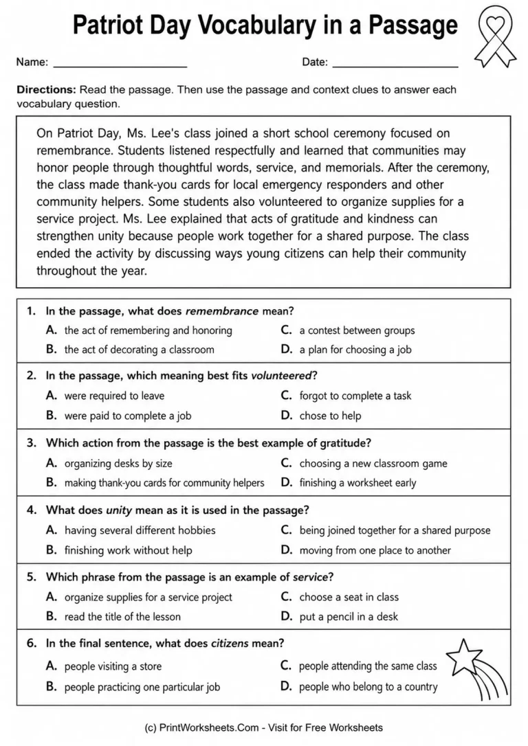 Patriot Day Vocabulary in a Passage Worksheet Patriot Day Vocabulary in a Passage worksheet with six multiple-choice questions for Grades 3-5
