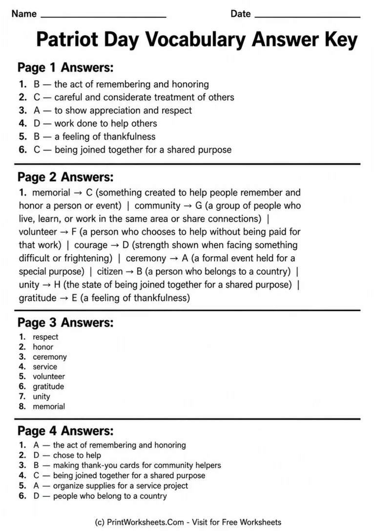 Patriot Day Vocabulary Answer Key Patriot Day vocabulary answer key for four student worksheets
