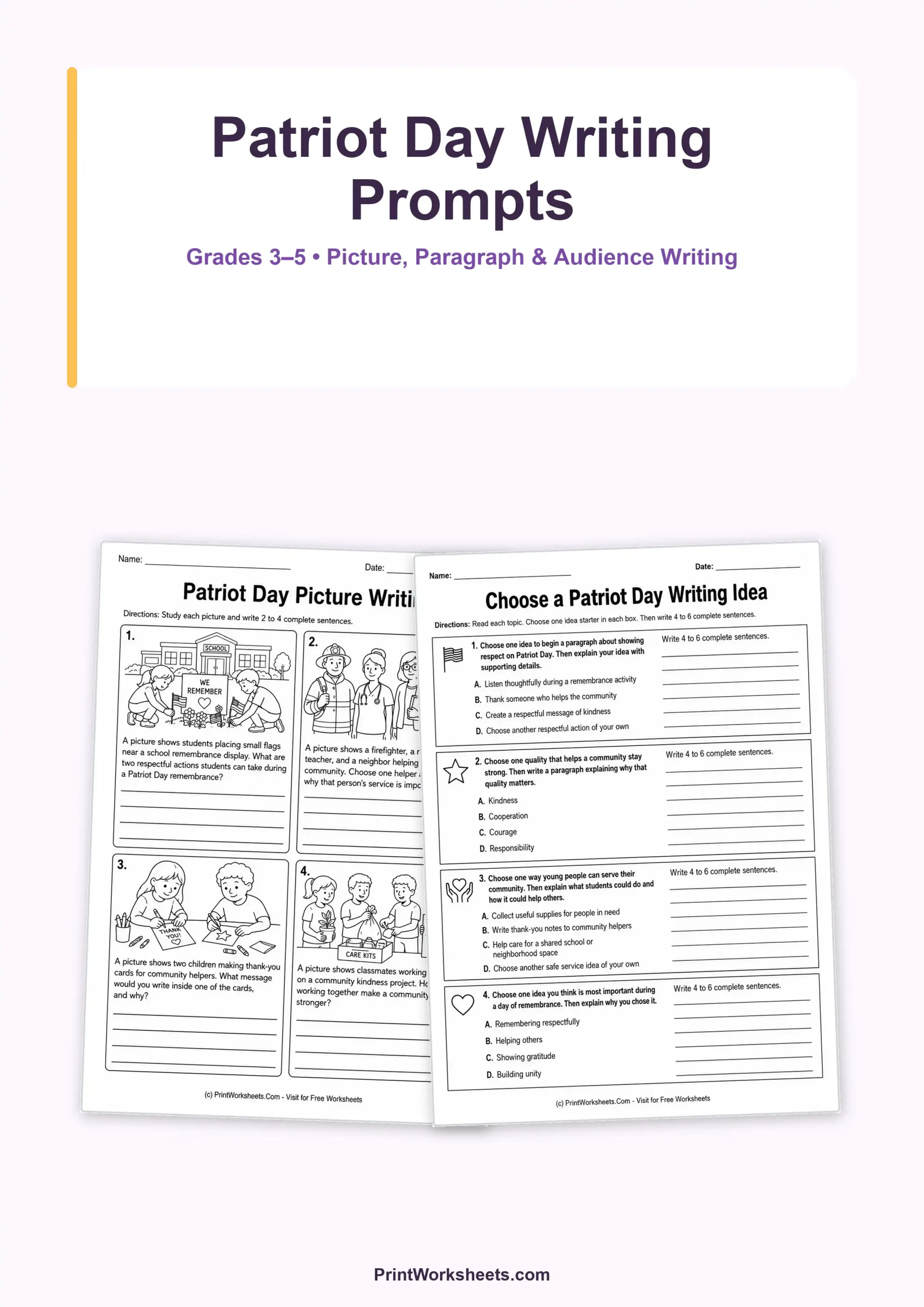 Patriot Day Writing Prompts for Grades 3-5 - Free Printable Worksheet