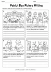 Patriot Day picture writing worksheet with four illustrated prompts about remembrance, community helpers, gratitude, and kindness