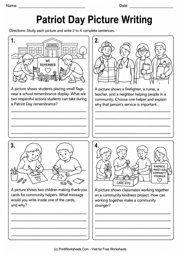 Patriot Day Picture Writing Patriot Day picture writing worksheet with four illustrated prompts about remembrance, community helpers, gratitude, and kindness