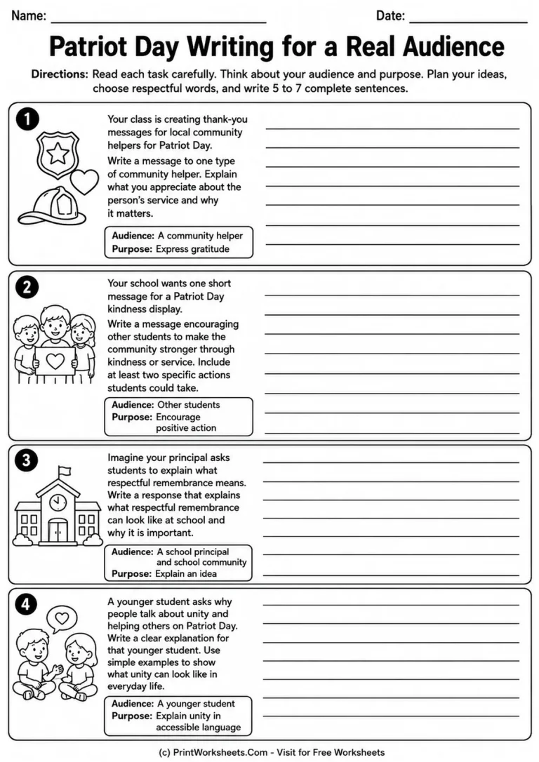 Patriot Day Writing for a Real Audience Patriot Day writing for a real audience worksheet with four audience and purpose writing tasks
