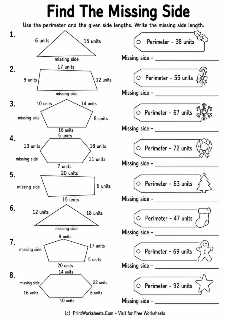 Find the Missing Side Perimeter Worksheet Grade 3 missing side perimeter worksheet with polygons and given total perimeters