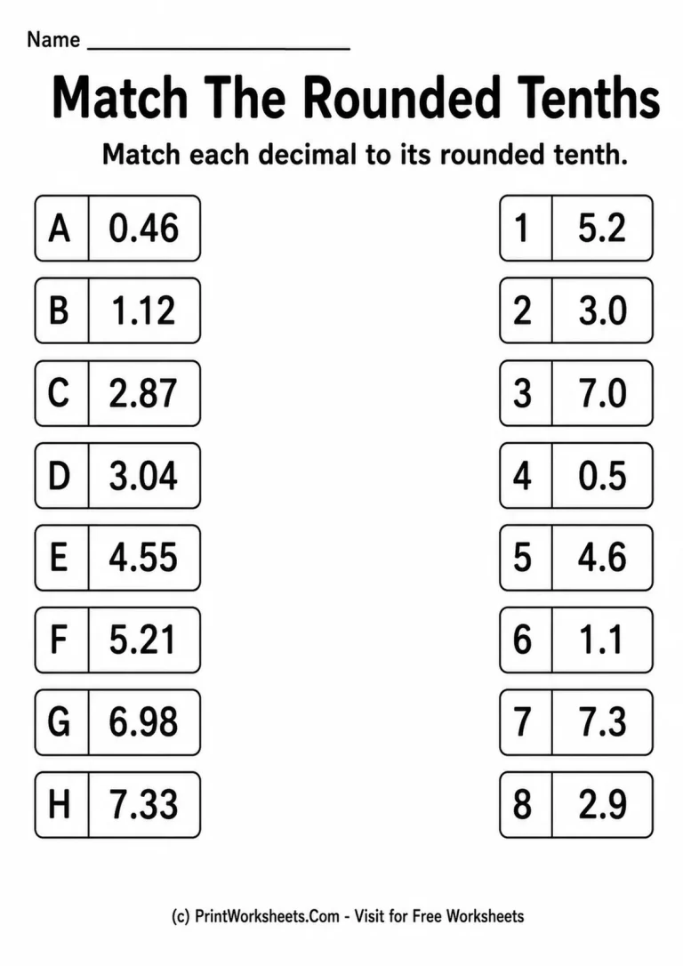 Match Decimals to Rounded Tenths Grade 4 matching decimals to rounded tenths