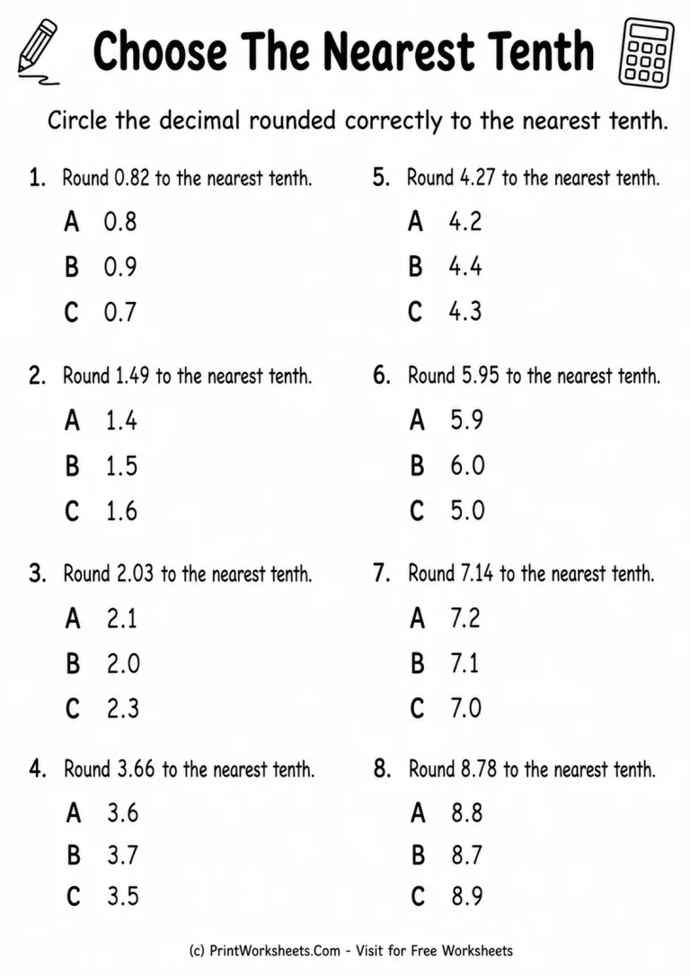 Choose the Nearest Tenth Decimal Rounding Nearest tenth multiple choice decimal rounding worksheet