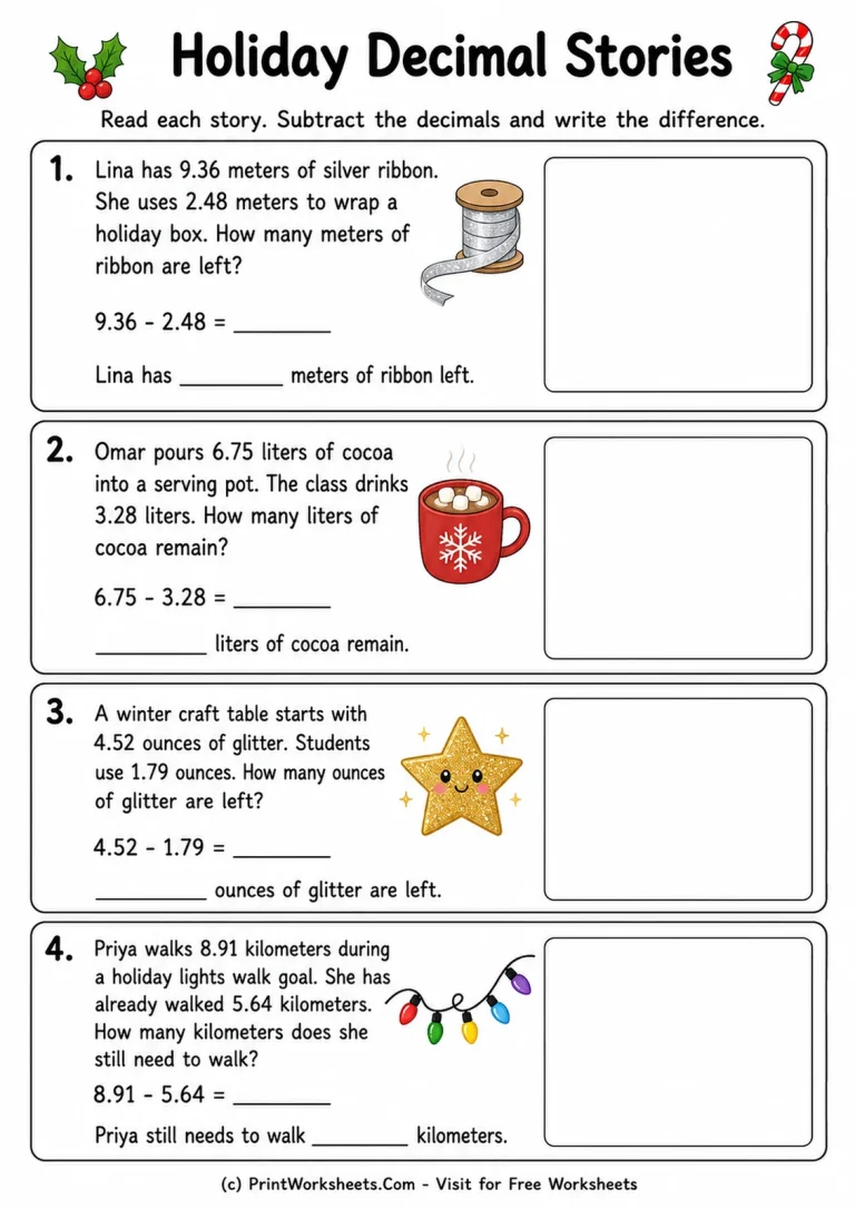 Holiday Decimal Subtraction Stories Worksheet Holiday decimal subtraction word problems Grade 4