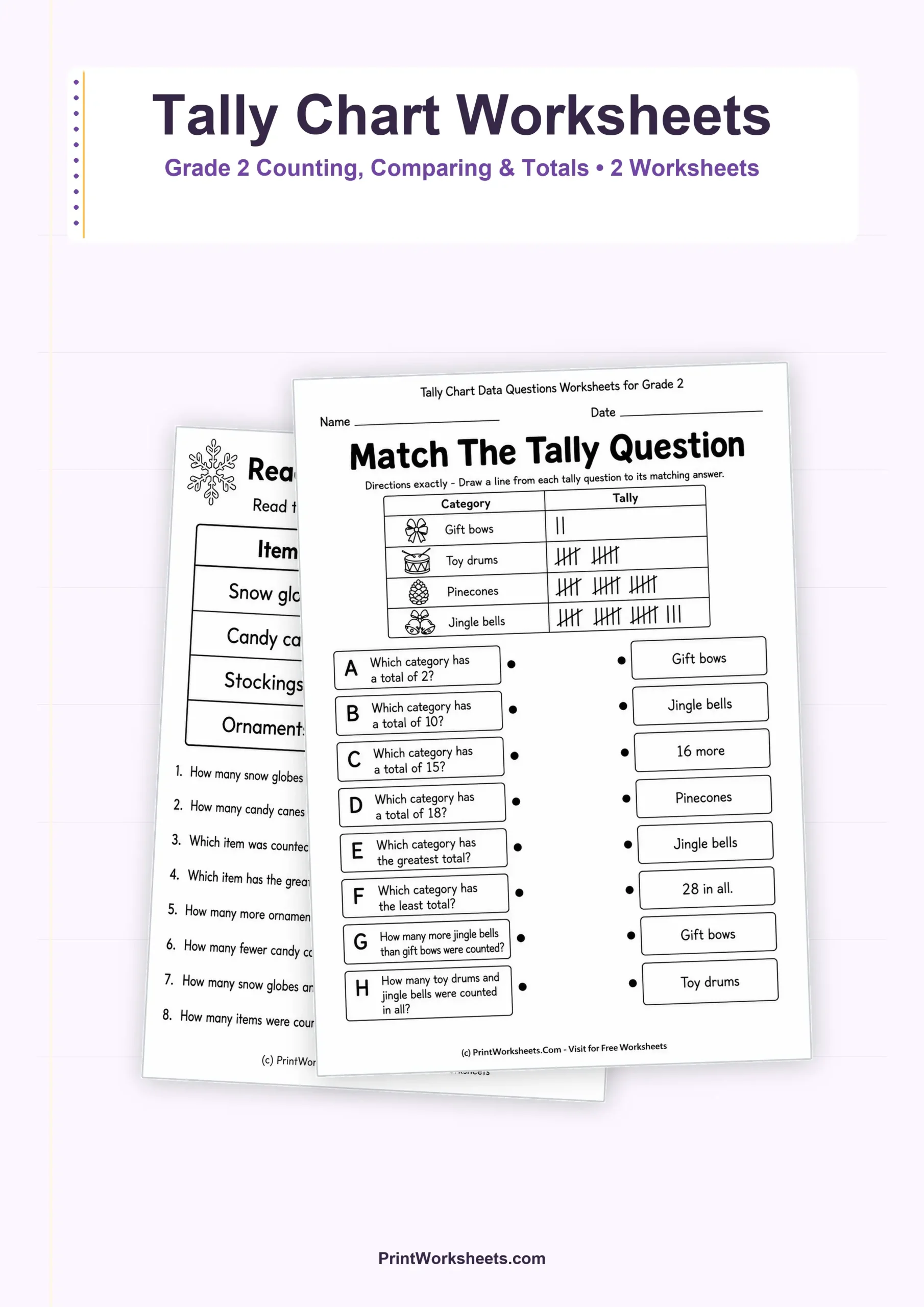 Data and Graphing Worksheet - Tally Chart Data Questions Worksheets for Grade 2 | Free Printable