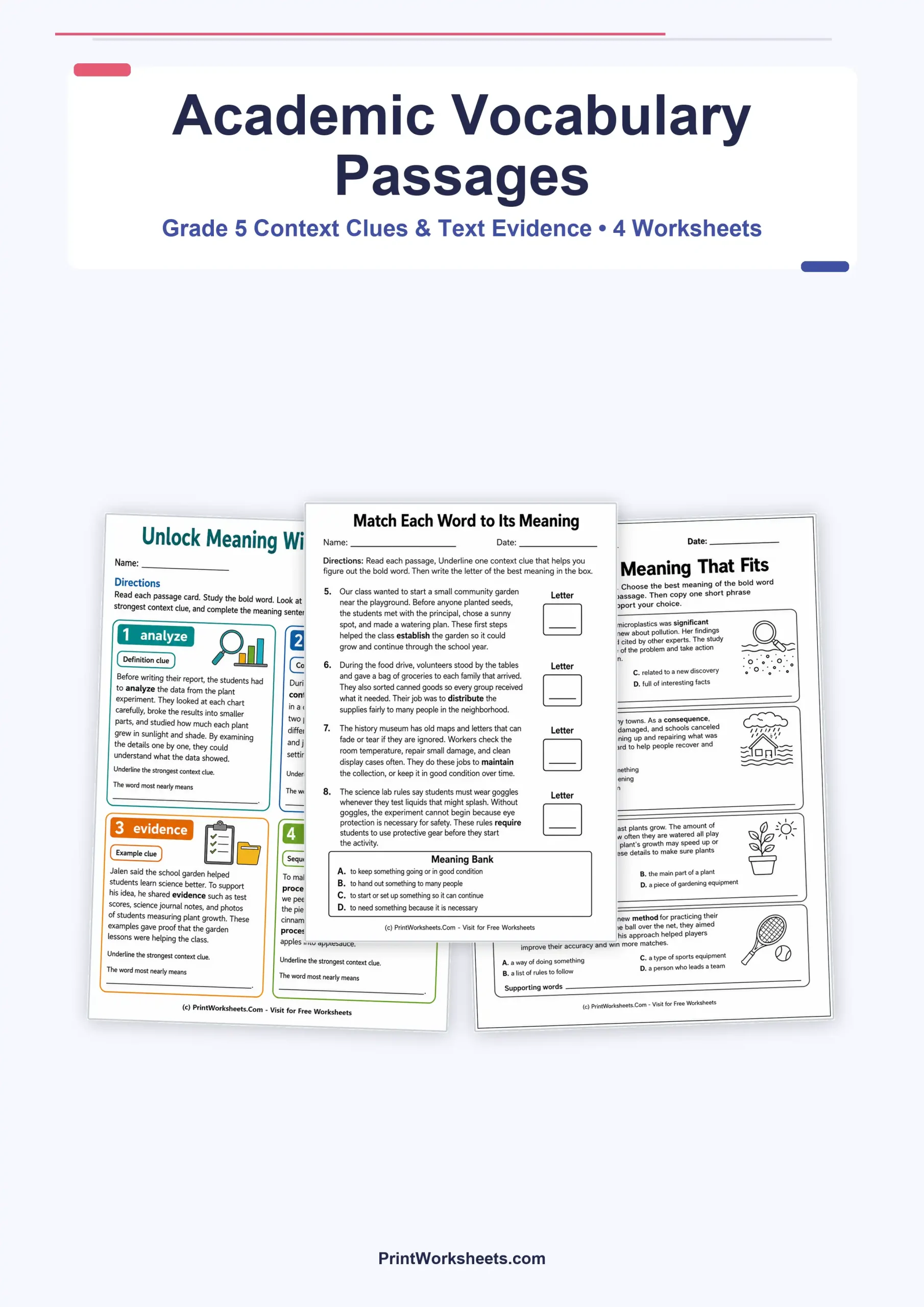Reading Comprehension Worksheet - Academic Vocabulary in Context Passages for Grade 5 – Free Printable PDF | Free Printable