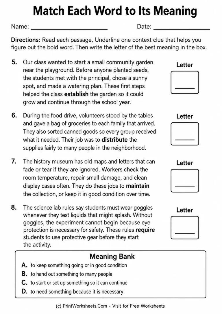 Match Each Word to Its Meaning printable worksheet