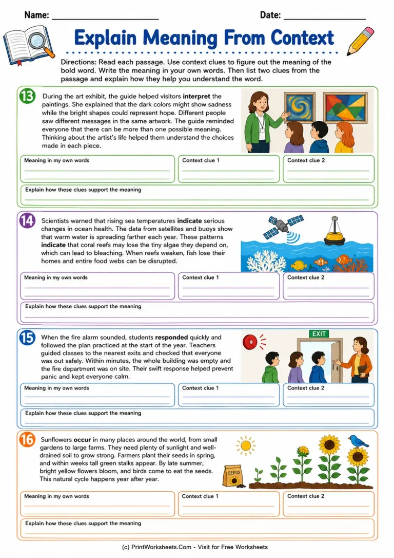Explain Meaning From Context printable worksheet