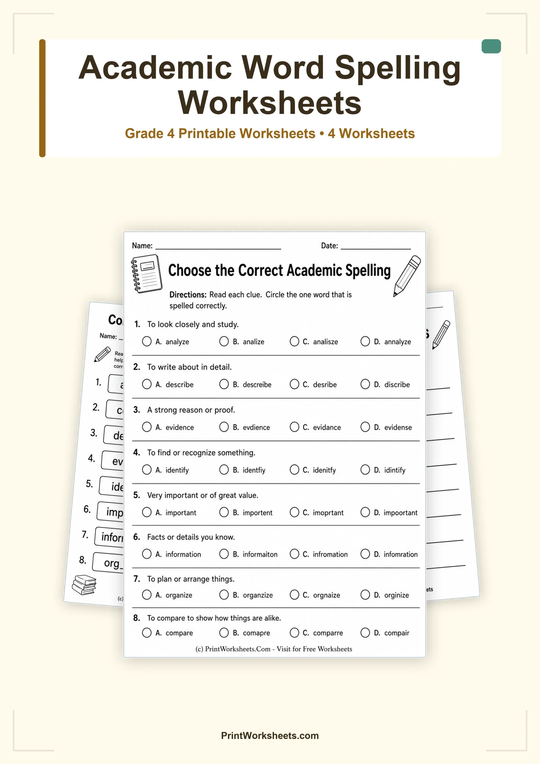 Spelling Worksheets Worksheet - Academic Word Spelling Lists Worksheets for Grade 4 – Free Printable PDF | Free Printable