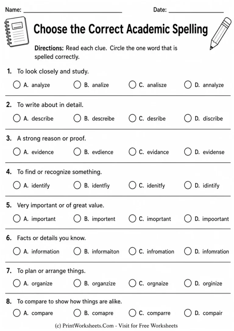 Choose the Correct Academic Spelling Choose the Correct Academic Spelling printable worksheet