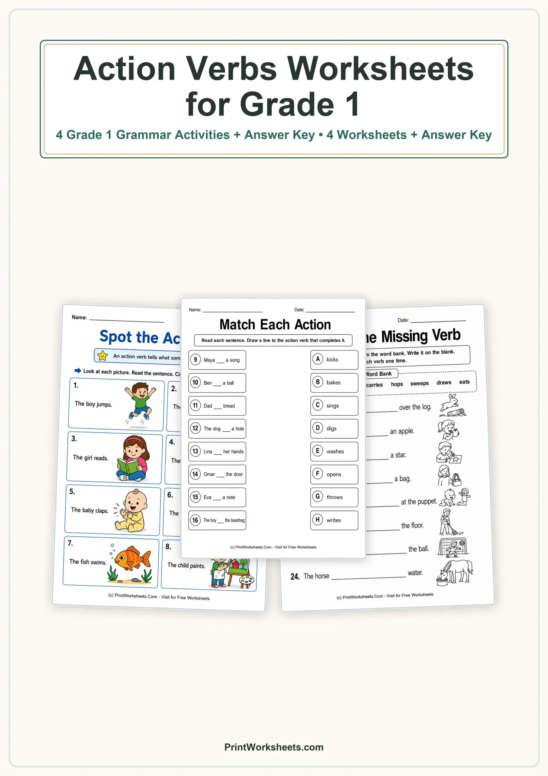 Grammar Worksheets Worksheet - Action Verbs Worksheets for Grade 1 – Free Printable PDF | Free Printable
