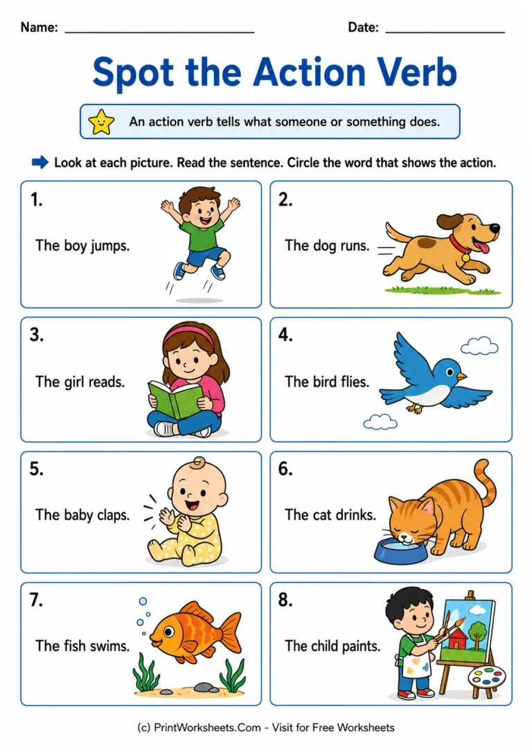 Spot the Action Verb printable worksheet