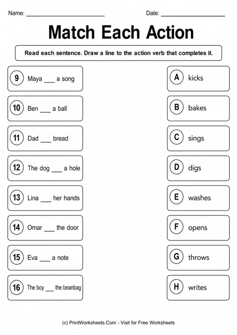 Match Each Action printable worksheet