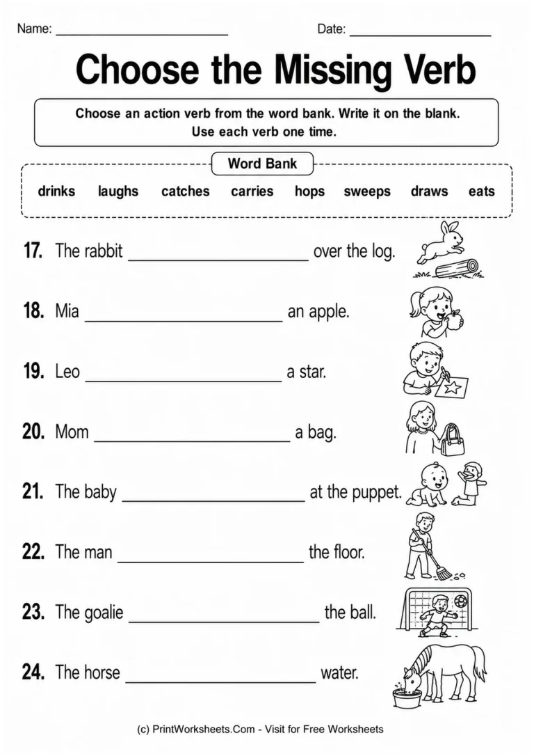 Choose the Missing Verb printable worksheet