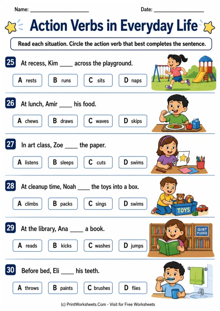 Action Verbs in Everyday Life printable worksheet