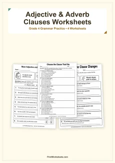Grammar Worksheets Worksheet - Adjective and Adverb Clauses Introduction Worksheets for Grade 4 – Free Printable PDF | Free Printable