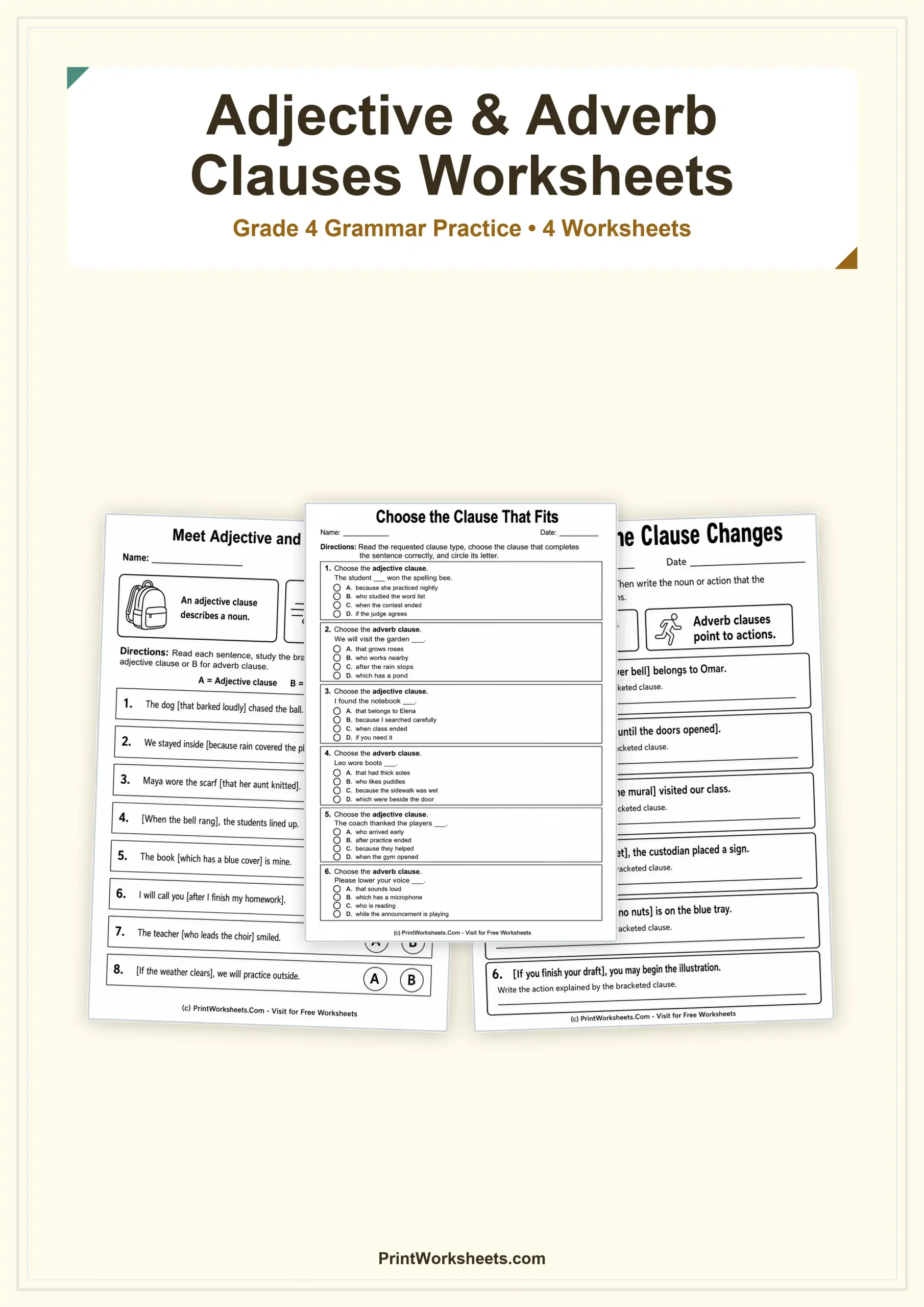 Grammar Worksheets Worksheet - Adjective and Adverb Clauses Introduction Worksheets for Grade 4 – Free Printable PDF | Free Printable