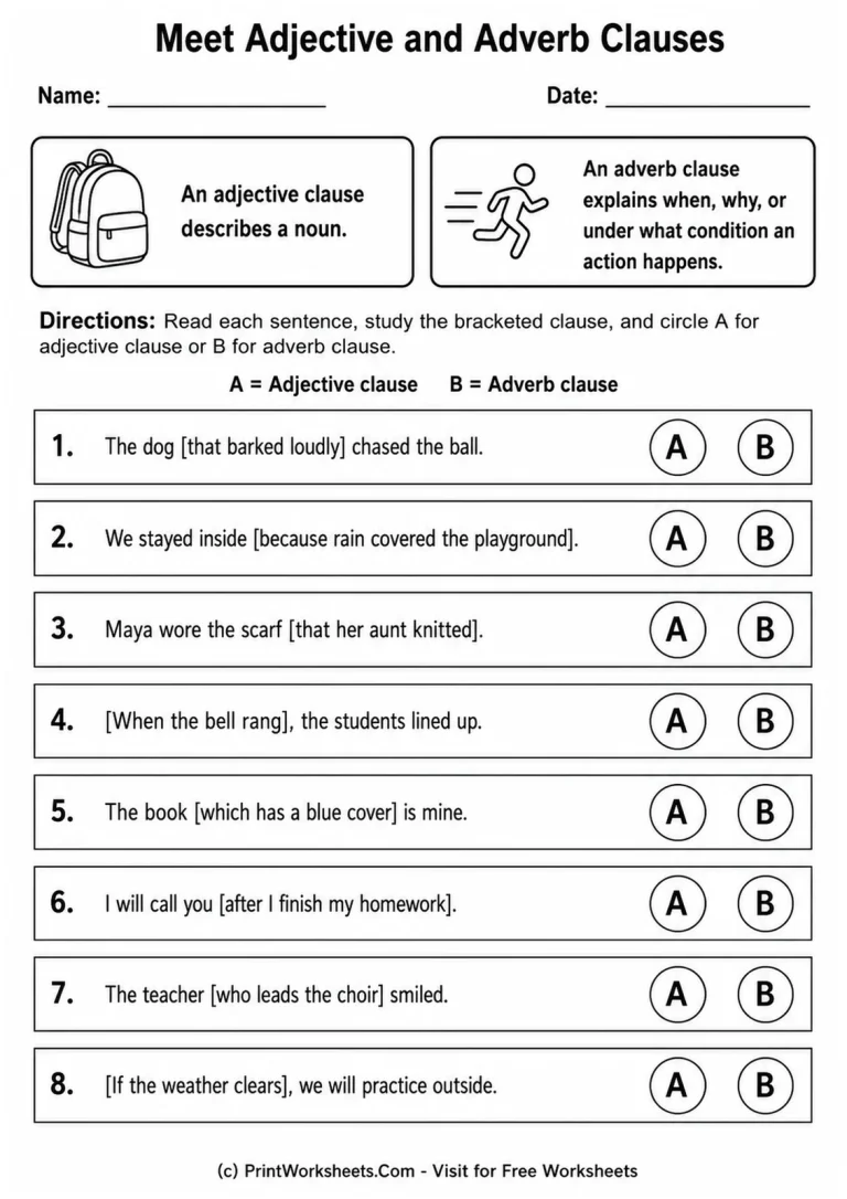 Meet Adjective and Adverb Clauses printable worksheet